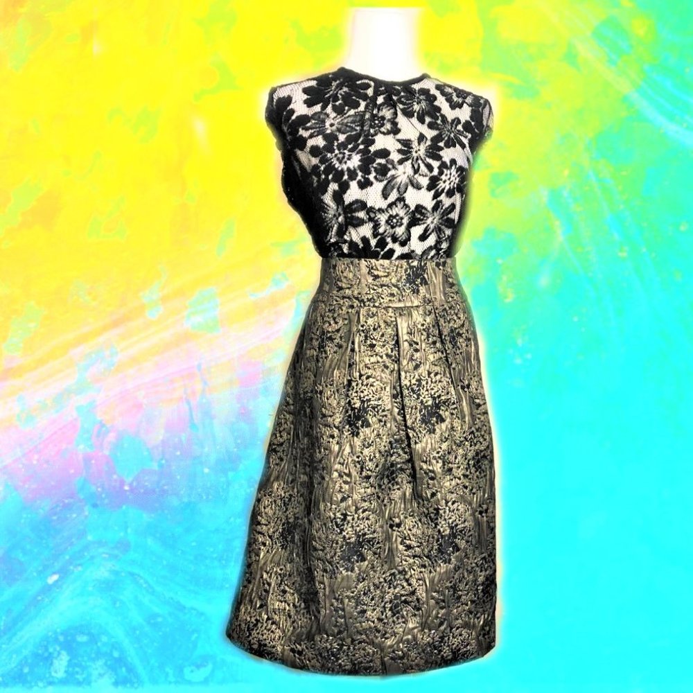 KATHY COLE Black and Gold Embossed Pattern Brocade Skirt Size 10